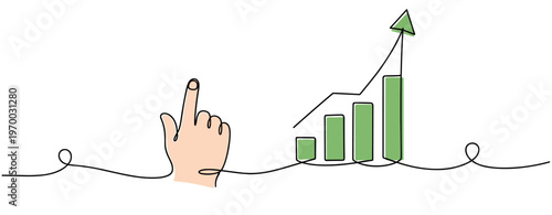 Hand pointing at upward bar chart on white background. no editable stroke