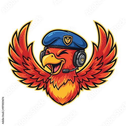 Energetic phoenix mascot with headset and captain hat