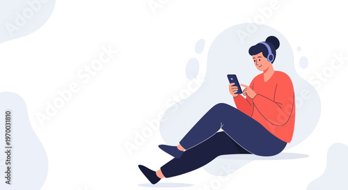 Young woman with headphones using smartphone, sitting and relaxing, flat design illustration