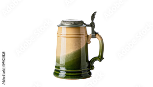 Tableau sur toile Vintage ceramic beer stein, featuring a landscape scene with green fields and a