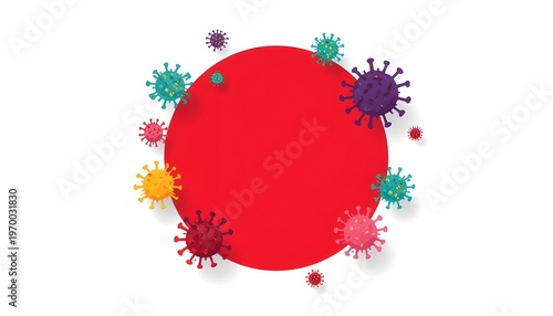 A vibrant illustration of various colorful virus particles surrounding a large red circle on a white background