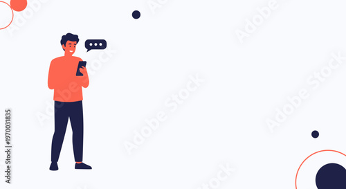 Man texting on smartphone with chat bubble, modern flat illustration