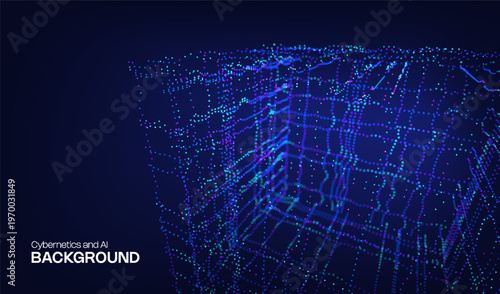 Abstract ai 3D cube digital design background technology and blue geometric element. Design network big data with box science and pattern block cyber. Tech concept abstract with futuristic lines.