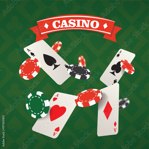 Casino concept with playing cards and poker chips on green background, omposition for entertainment