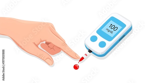 A hand pricking a finger with a lancet to test blood sugar levels on a glucometer