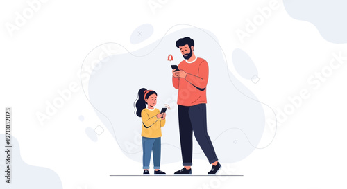 Father and Daughter Looking at Smartphones, Notification Bell Icon