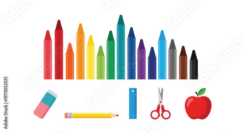 A colorful array of crayons and various school supplies are neatly arranged on a clean white background.
