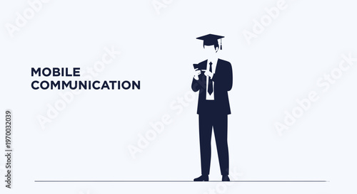 Graduation student in suit using mobile phone, mobile communication concept