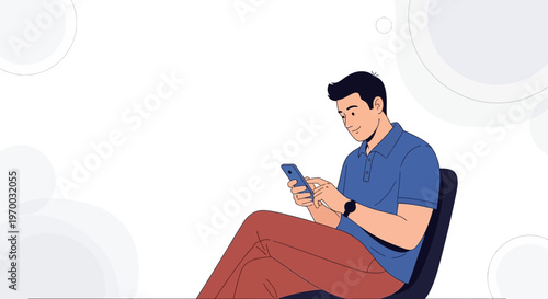 Man sitting and using smartphone, modern illustration style, blue shirt, red pants