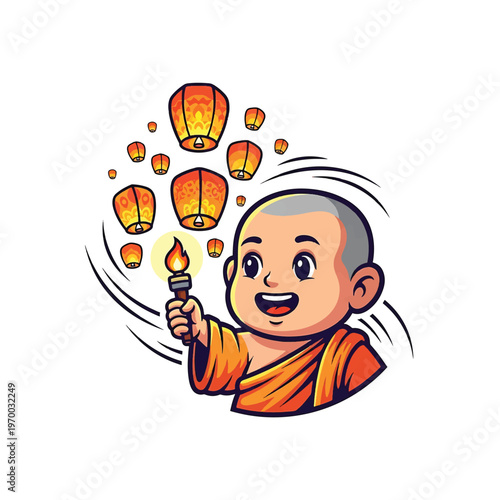 Happy monk releasing sky lanterns with torch in celebration