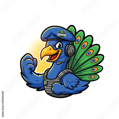 Blue peacock mascot with headset and captain hat
