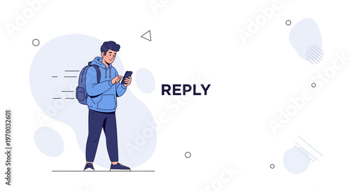 Young Man Texting on Phone with Backpack - Reply Concept