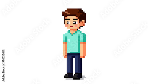 Obraz na plátne Pixelated male character wearing glasses light green polo shirt, dark blue pants