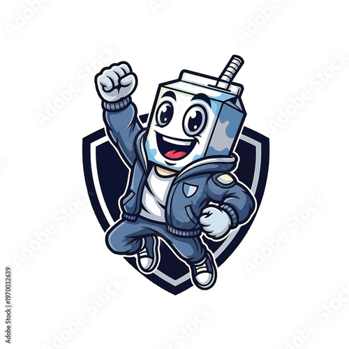 Carton mascotte juice box character wearing hoodie in shield badge