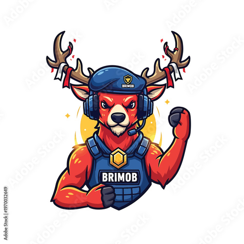 Anthropomorphic red deer mascot in combat gear and helmet with Brimob badge
