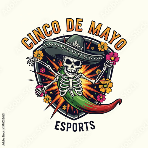Cinco de Mayo skeleton dancer wearing sombrero and cape for esports logo