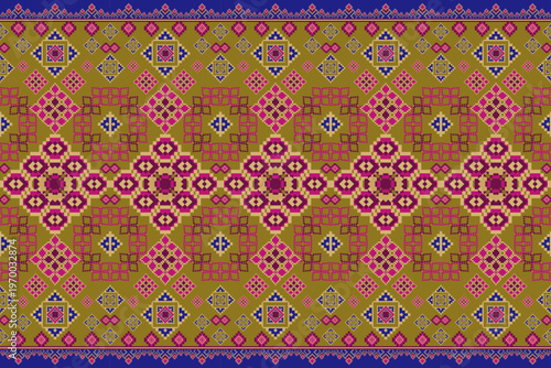 Elaborate ethnic seamless pattern featuring large geometric floral-diamond motifs in pink, purple, and blue on a mustard gold background. Inspired by traditional tapestry and rich embroidery aesthetic