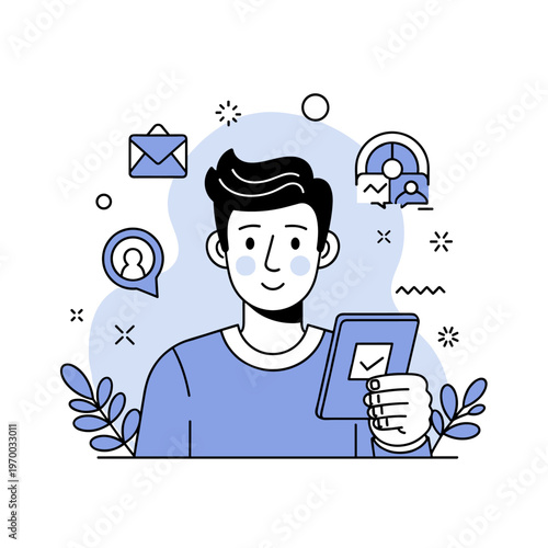 Young caucasian male using smartphone with social media and communication icons