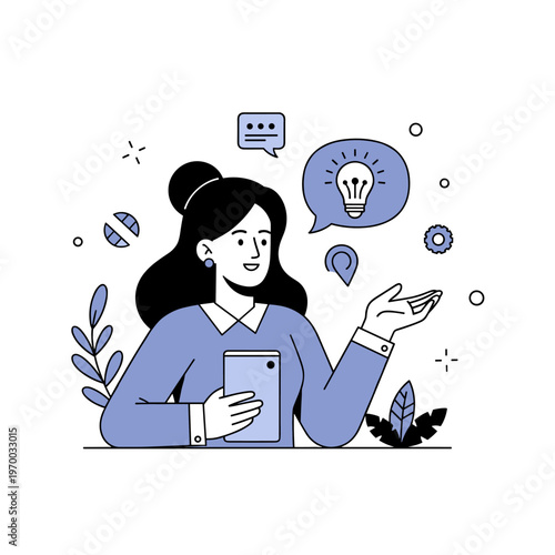 Young caucasian female discussing ideas with technology and nature elements