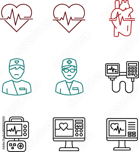 Cardiology and medical line icon set featuring heartbeat, anatomical heart, doctor, nurse, electrocardiogram monitor, and health diagnosis equipment vector illustration.
