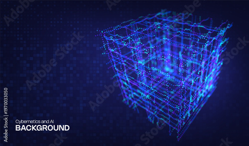 Abstract ai 3D cube digital design background technology and blue geometric element. Design network big data with box science and pattern block cyber. Tech concept abstract with futuristic lines.