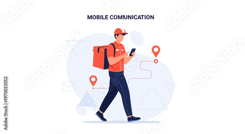 Delivery man using smartphone for navigation with package bag, mobile communication concept