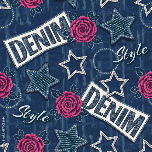 Seamless denim themed pattern with text elements, randomly scattered denim fabric patches, silver stars, pink rose flowers. Illustration in vintage style. Print for clothing, textile fashion design