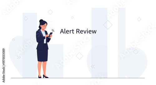 Businesswoman checking phone alerts on digital dashboard with abstract background