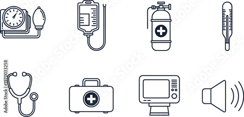 Medical Equipment Vector Icon Set Featuring Blood Pressure Monitor, IV Bag, Oxygen Tank, Thermometer, Stethoscope, First Aid Kit, and Heart Monitor