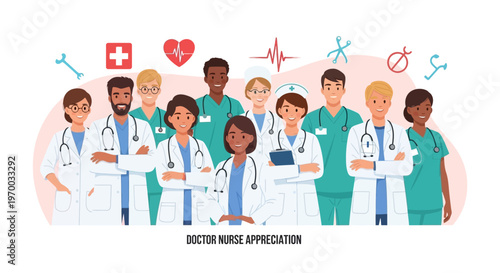 A diverse group of multiethnic healthcare workers, including doctors, nurses, and medical staff, stand together in a vector illustration with a flat design against a white background
