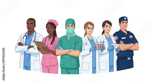 A diverse group of multiethnic healthcare workers, including a doctor, nurse, and paramedic, stand together in a vector illustration against a clean white background, conveying teamwork