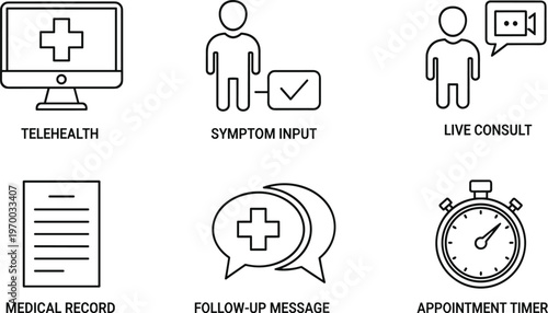 Telehealth and telemedicine line icon collection showing virtual doctor consult, symptom tracking, digital medical records, messaging, and online appointment timer.