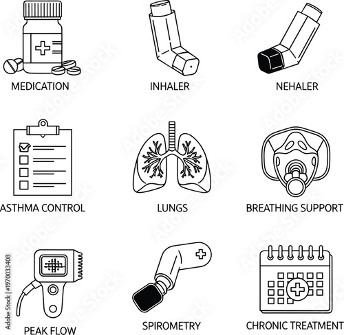 Respiratory Health Vector Icon Set Featuring Asthma Inhalers, Lung Medication, Breathing Support Masks, Spirometry Tools, and Chronic Treatment Scheduling for Pulmonary Care