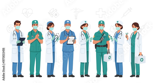 An illustration shows a diverse group of healthcare workers, including doctors, nurses, and a midwife, standing together in a hospital setting with a clean white background, expressing