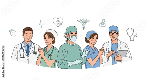 A diverse group of multiethnic healthcare workers, including doctors, nurses, and a midwife, stand together in a vector illustration with medical icons floating above them, promoting