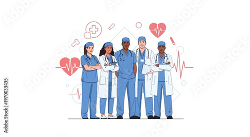 Multiethnic healthcare workers, including doctors, nurses, and a midwife, stand together in a vector illustration against a white background, symbolizing world health day and teamwork