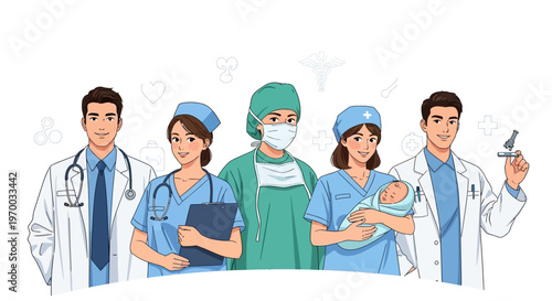 Vector illustration depicts a multiethnic group of healthcare workers—doctors, nurses, and a midwife—standing together, symbolizing teamwork and appreciation, in a design that celebrates