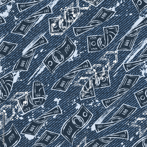 Seamless pattern with diagonal flying 100 US dollar notes, dynamic paint brush strokes. Denim textured background. Print for apparel, textile design
