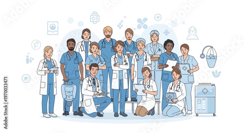 A diverse group of multiethnic healthcare workers, including doctors, nurses, and business people, standing together in a vector illustration for World Health Day, set against a clean white