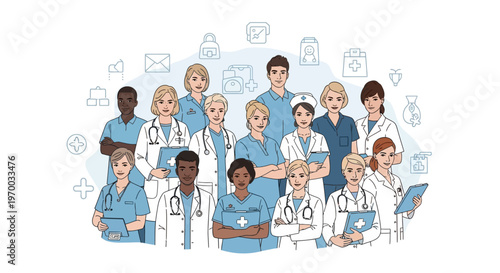 A vector illustration features a multiethnic group of healthcare workers standing together in a hospital setting, including doctors, nurses, and business people, all set against a clean