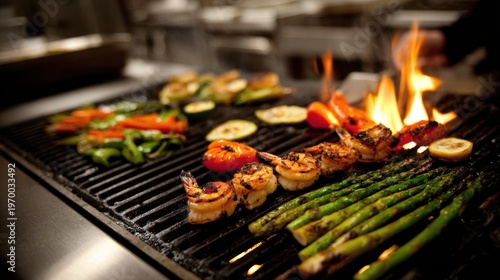 Savory seafood and fresh vegetables sizzle over open flames on a commercial grill