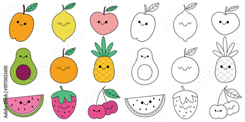 Hand-drawn cartoon and doodle set of kawaii fruits on a white background.