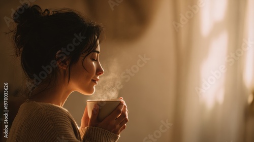Relaxed lady enjoying warm chocolate sunshine. Serene morning scene with woman drinking hot beverage by window. Calm early morning ritual as woman in sweater relishes steamy cacao in sunlight