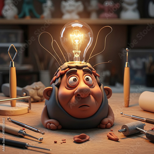 Wallpaper Mural Clay Figure with Bright Idea Light Bulb on Head and Sculpting Tools Torontodigital.ca