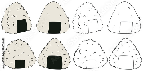 Hand-drawn cartoon and doodle set of onigiri on a white background.