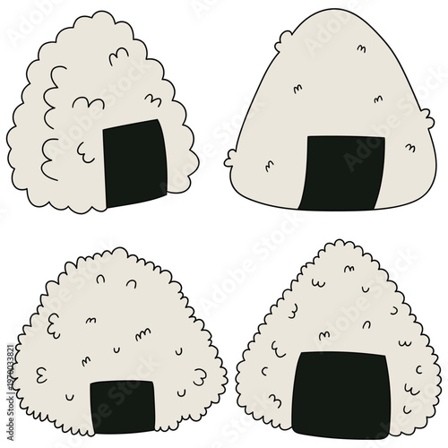 Hand-drawn cartoon set of onigiri on a white background.