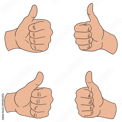 Hand-drawn cartoon set of thumbs up on a white background.