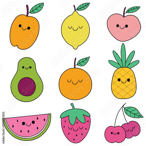 Hand-drawn cartoon set of kawaii fruits on a white background.