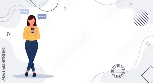 Woman Texting on Phone with Chat Bubbles, Modern Abstract Background