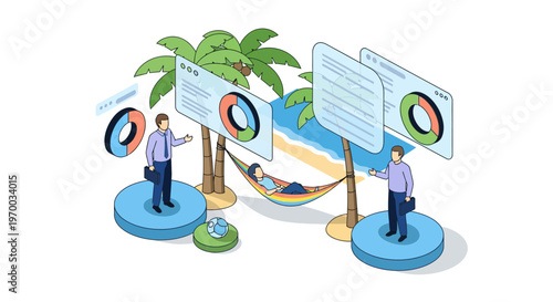 Isometric Remote Business Management and Work Life Balance on Beach